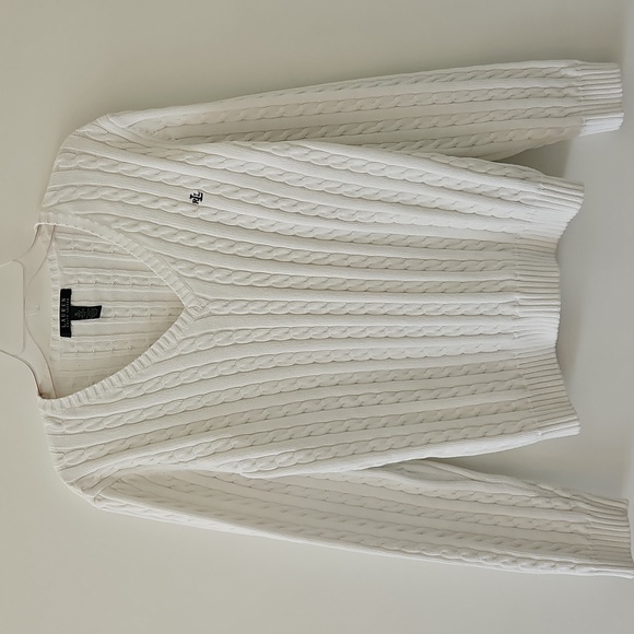 Lauren Ralph Lauren White Cotton Vneck Cableknit Sweater Tennis‎ Preppy Size XL - Picture 2 of 13